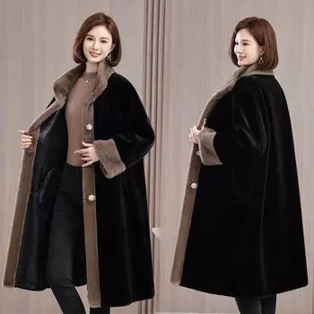 Норковая бархатная куртка для мам, женская зимняя, длинная выше колена, воротник-стойка для людей среднего и пожилого возраста, встроенная искусственная шуба из меха M [recommended 90-55kg]