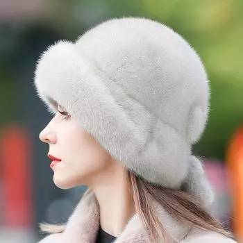 Норковая шапка женская зимняя корейская версия новой норковой шерсти цельный мех норки теплая в пожилой маме меховая шапка M56-58cm чёрный