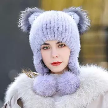 Норковая шапка, женская зимняя новая норковая шерсть, теплая шапка с защитой ушей, модная меховая шапка для молодежи head 55to60cm