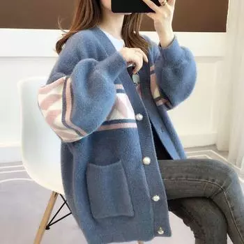 Норковая шуба больших размеров, женский свитер, вязаный кардиган, корейская версия свободного ленивого топа One Size синий
