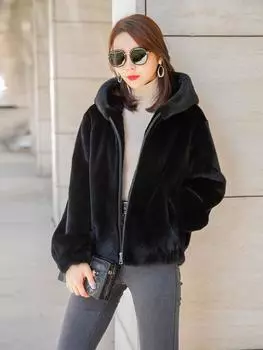 Норковая шуба женская летняя осень и зима новая с капюшоном цельная норковая молодая повседневная шуба из водной норки S чёрный
