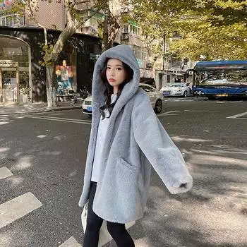 Норковая женская куртка средней и длинной длины из искусственного норкового флиса, молодое тонкое зимнее пальто с капюшоном из искусственного меха S серый