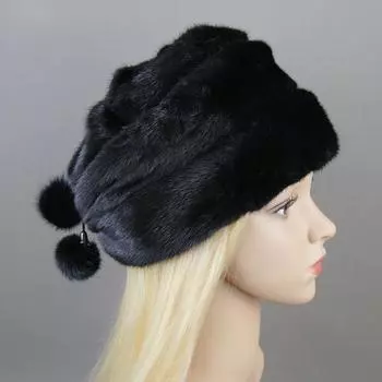 Норковые меховые шапки, женские стильные теплые шапки из натурального цельного меха норки, роскошные зимние шапки, антихолодная снежная шапка с шариками на голове, 55-62 см Adjustable чёрный