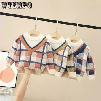 Норковый бархатный свитер для мальчиков и девочек, осенне-зимний детский пуловер, толстый свободный клетчатый свитер 150