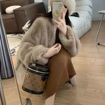 Норковый флисовый мех интегрированный мех V-образный вырез пальто женская свободная короткая меховая куртка темперамент светская львица S