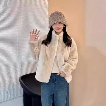 Норковый флисовый мех с воротником-стойкой, женская легкая норковая короткая куртка, зимняя, экологически чистый мех S абрикосовый