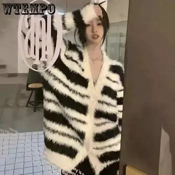 Норковый вязаный кардиган, искусственный женский свитер из мохера, черно-белая полоса, v-образный вырез, свободный топ с длинными рукавами, теплое пальто, новая мода S чёрный