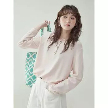 North Island Amuu Original Pink Half-Open Button round Neck Knitwear Women s Spring New Arrival Show White Long Sleeve Tops Pink L