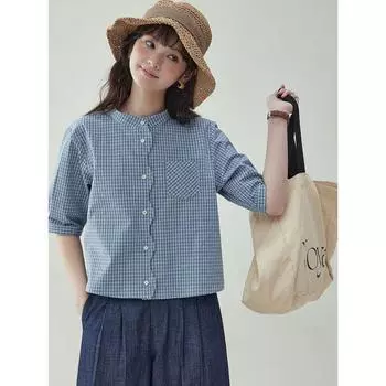 North Island Amuu Original Sweet Blue Plaid Wave Button Shirts Women Summer New Pure Cotton Half Sleeve Top Blue Gingham 1 S