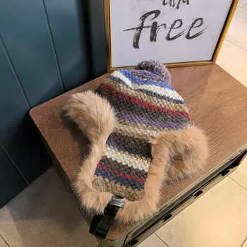 Northeast plush cute ear protection hat children s autumn and winter warm knitted wool headgear retro face little Lei Feng hat M56-58cm