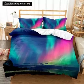 Northern Lights King Queen Duvet Cover Natural Landscape Bedding Set Colorful Sky Scenery Quilt Cover Polyester Comforter Cover EU single(135x200cm)