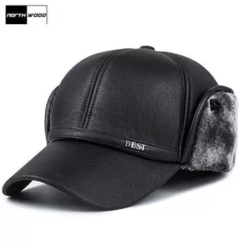 [NORTHWOOD] Мужские брендовые зимние бейсболки с ушанками Теплые мужские шапки для папы Кепка дальнобойщика 58 cm чёрный