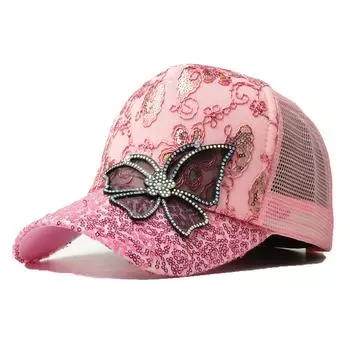 NORTHWOOD Summer Women Sequined Rhinestones Butterflies Baseball Caps Girls Sunoutdoor Breathable Sunshade Mesh Hats розовый