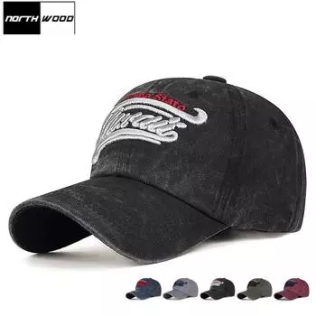 Northwood Всесезонные стираные винтажные бейсболки с буквами для мужчин и женщин, кепка с утиным язычком, ретро-мягкая бейсболка с солнцезащитным козырьком 55-60 cm чёрный
