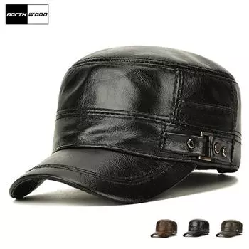 NORTHWOOD Зимние теплые мужские кепки из натуральной кожи с плоским верхом и защитой ушей Повседневная кожаная кепка с плоским верхом Кепки для дальнобойщиков 56-60 cm чёрный