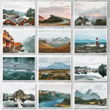 Норвегия Природа Пейзаж Плакат Печати Стены Сканди Норвежский Горный Озеро Деревня Фотографии Холст Картина Гостиная Домашний Декор 21x30cm No Framed