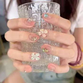 Ношение брони Ручная работа Летний новый Трехмерный Ледяной цветок Кошачий глаз Темпераментный Короткий Высококлассный Свежий Дофаминовый Маникюр XS