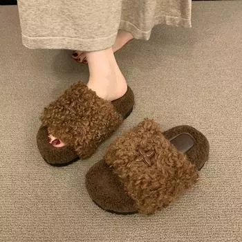 Ношение хлопковых тапочек женские 2024 осень повседневные бархатные толстые подошвы одно слово перетащить модные теплые ленивые пушистые тапочки прилив 35