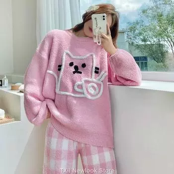 Ношение мягкой пижамы женской осенне-зимней милой японской пижамы с флисовой подкладкой, утолщенной, с рисунком мультяшного кота, из двух предметов домашней одежды One Size розовый