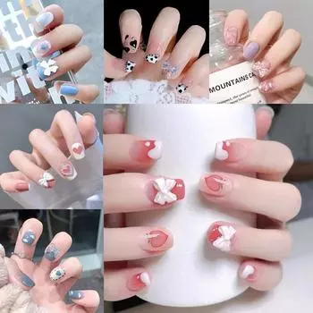 Ношение наклеек для ногтей со стразами. Накладные ногти. Готовые французские короткие наклейки для ногтей.