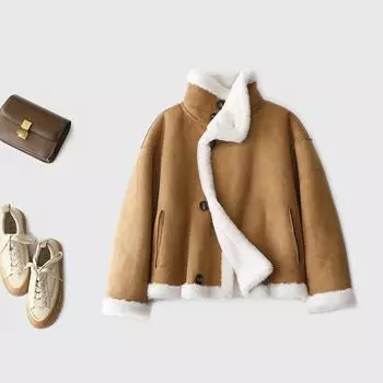 Ношение обеих сторон цельношерстяной куртки из искусственного меха оленя со встроенным мехом, женская куртка из меха ягненка со стоячим воротником из натуральной кожи S белый