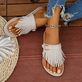 Ношение пляжных тапочек на плоской подошве, новые кисточки, украшение на пряжку ремня, модные универсальные тапочки для женщин 36