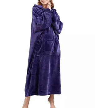 Носимая комнатная карманная защита от холода [Sumolux] Одеяло, одежда, женская, мужская, унисекс, с капюшоном, в комплекте, одеяло, одежда, ночная рубашка, фланель, свободная, тёмно-синий