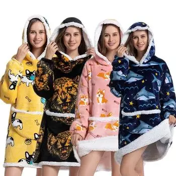 Носимая толстовка с капюшоном, большая толстовка с капюшоном из шерпы для женщин с карманом на капюшоне и рукавами, супермягкое теплое плюшевое одеяло с капюшоном для взрослых One Size