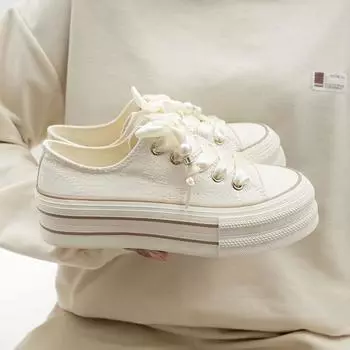 Носимые резиновые парусиновые туфли на шнуровке с толстой подошвой, низкие женские туфли в корейском стиле, универсальные повседневные кроссовки 40 белый