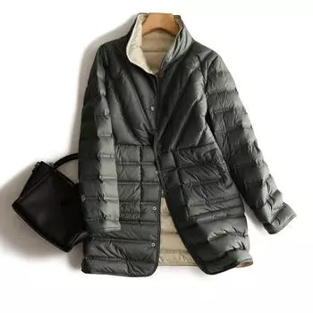 Носите контрастные цвета на обеих женских моделях с воротником-стойкой, средней и длинной фасонов, универсальный темперамент, для невысоких мужчин, куртка из прессованного клея белого утиного пуха S синий