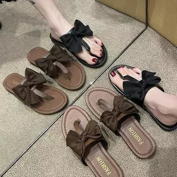 Носите новые повседневные тапочки с плоским носком и низким каблуком, женские Т-образные пляжные тапочки с бантом 35 чёрный