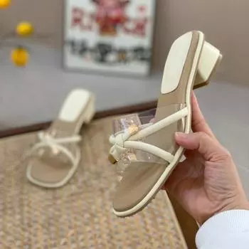 Носите однословные тапочки для женских летних новых моделей с юбками, крутые тапочки на среднем каблуке, женскую обувь на толстом каблуке 35 бежевый