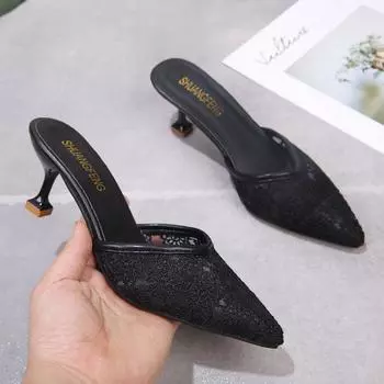 Носите полутапочки весна и лето новые модные универсальные кружевные высокие каблуки классные тапочки сексуальные заостренные шпильки высокие каблуки женские 35