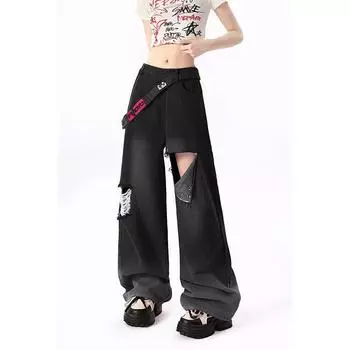 Носите потертые джинсы для женщин. Американский модный лейбл. Маленькие и свободные повседневные прямые брюки с широкими штанинами. Длинные брюки. L чёрный