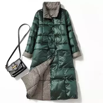 Носите пуховики с обеих сторон, женские средние и длинные новые модели осени и зимы тонкие и длиной до колена, а клетчатые куртки носите с обеих сторон. S зелёный