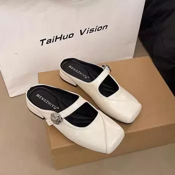 Носите универсальные шлепанцы с плоской подошвой и квадратным носком, крутые шлепанцы женские 2025 новые весенне-летние на низком каблуке, ретро ленивые с закрытым носком, полушлепанцы 35 бежевый