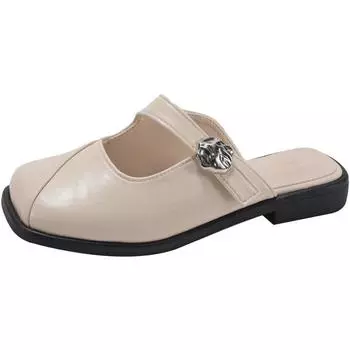 Носите универсальные шлепанцы с плоской подошвой и квадратным носком, крутые шлепанцы женские 2025 новые весенне-летние на низком каблуке, ретро ленивые с закрытым носком, полушлепанцы 35