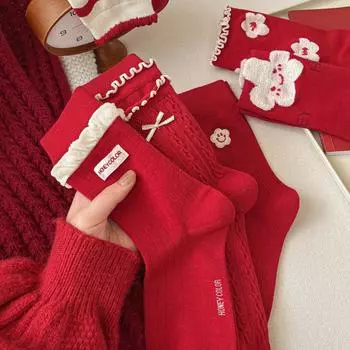 Носки без косточек Natal Year Большие красные новогодние носки женские Miu Bow Fungus Edge Cloth Label Trend Medium Tube Носки Hongyun One Size