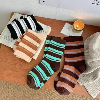 Носки Chu Ji, женские носки средней длины, носки из хлопка Майяра, модные носки Hand-To-Eye без косточек в полоску, утолщенные носки, складывающиеся в стопку One Size мятный зеленый