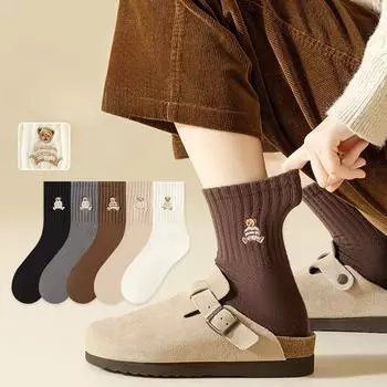 Носки цвета кофе Майяра для женщин, милые носки средней длины с медвежонком, простые носки в стиле колледжа, хлопковые носки 1 Pairs коричневый