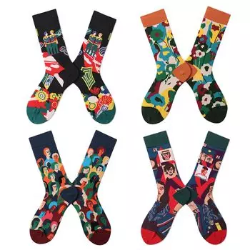 Носки длиной до щиколотки с уникальным цветочным принтом и высокой посадкой, комплект из 4 носков [ETSMON], женские носки, стильные, дизайн, эластичные, дышащие, узор, красочные, длина,