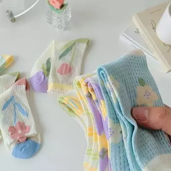 Носки для экипажа, женские повседневные милые носки в стиле ретро, женские носки, модные летние длинные носки в стиле Харадзюку, дышащие сетчатые носки с цветочным принтом 1 pair