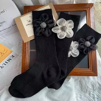 Носки для детей, модные осенние и зимние носки средней длины, черные носки с мелким цветком, хлопковые, модные, однотонные, универсальные, длинные зимние носки 34-39 промывают черный