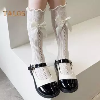 Носки для девочек, 2 шт., волнистые кружевные, с полой сеткой, милые, хорошая воздухопроницаемость, удобная повседневная одежда, дизайн с бантом из спандекса, японские носки JK, поставка для вечеринок чёрный