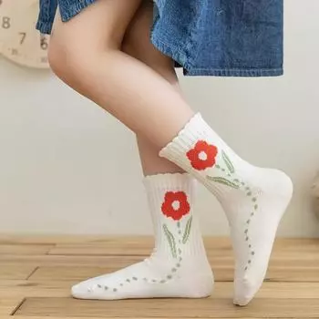 Носки для девочек, 5 пар детских носков, хлопковые носки средней длины, с цветочным узором, детские носки принцессы L