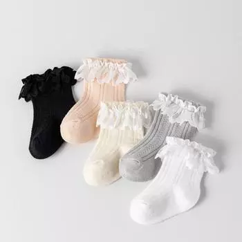 Носки для девочек, детские осенние новые хлопковые детские кружевные носки с оборками, модные эластичные детские носки для принцесс S бежевый