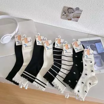 Носки для девочек из бамбукового волокна с грибковым краем и маленьким бантом, простые черно-белые женские носки average size