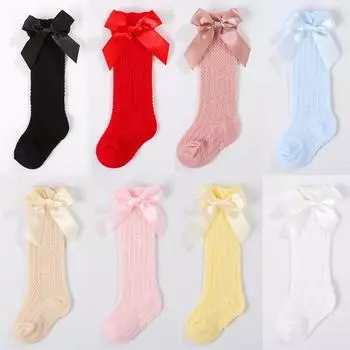Носки для девочек, летние, осенние, для малышей, длинные, до колена, с бантом, мягкие, хлопковые, сетчатые, с бантом, декоративные, кружевные чулки, 0-3 года S (0-1Y) красный