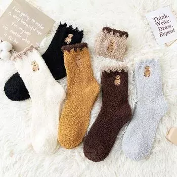 Носки для девочек, однотонные женские носки, симпатичные носки-тапочки, носки из кораллового флиса, носки средней длины чёрный