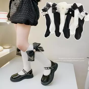 Носки для девочек, высокие носки, модные весенние кружевные тонкие летние детские носки принцессы с бантом S